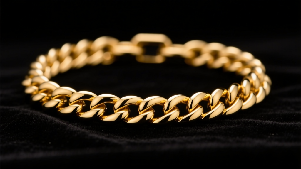 Macro shot of a 14k yellow gold Cuban link chain on black velvet under warm lighting in a professional jewelry appraisal shop.