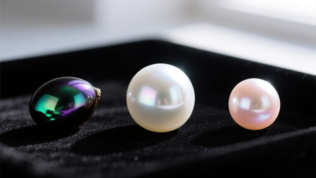 Macro shot of three pearls on black velvet: a round white Akoya, a dark peacock Tahitian, and a pastel peach Freshwater pearl.