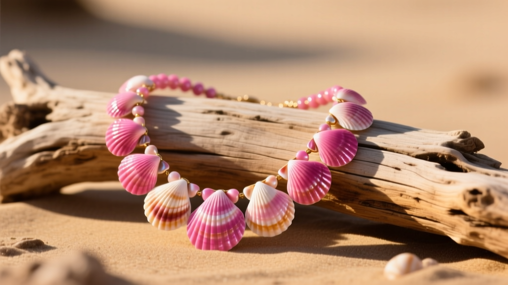 A flat lay of a vibrant pink puka shell necklace resting on sun-bleached driftwood, illuminated by warm golden hour lighting.