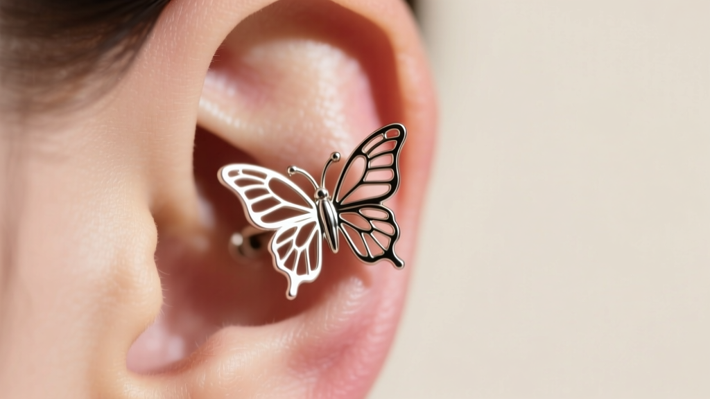 Close-up of a metal butterfly earring back trapped against a swollen earlobe, illuminated by soft directional studio lighting.