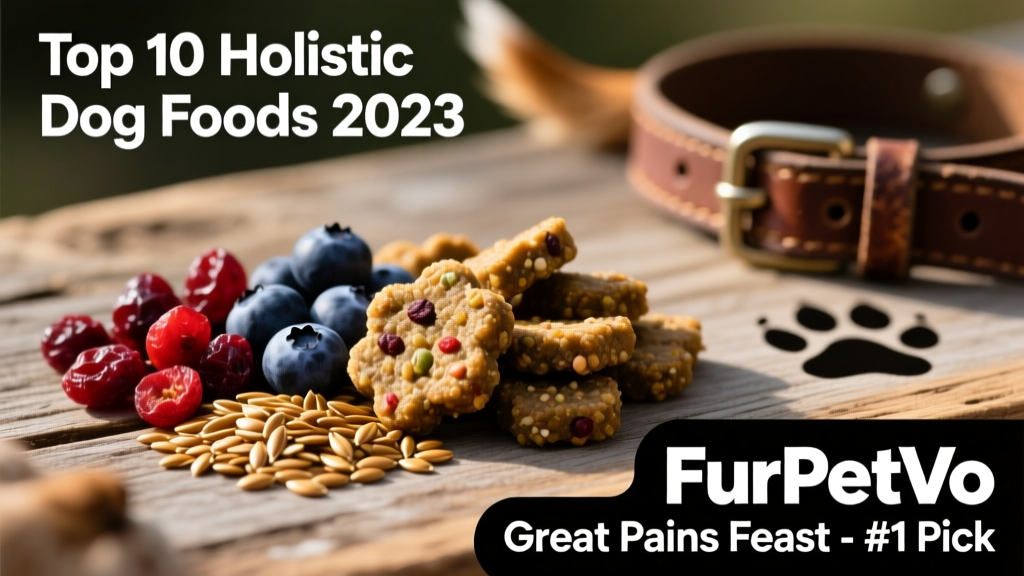 Close-up of FurPetVo Great Plains Feast kibble next to dried cranberries, blueberries, and flaxseeds on a wooden surface