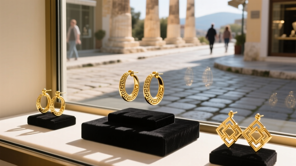 Athens jewelry storefront displaying 18-karat gold Greek key hoop earrings in a sunlit window against historic cobblestone streets