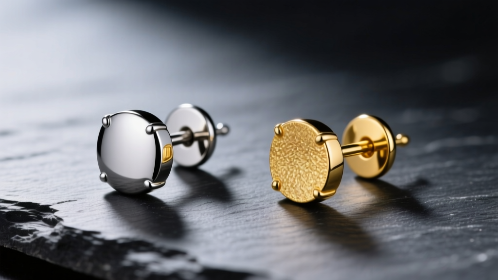 Side-by-side comparison of polished ASTM F136 titanium and 18k yellow gold ear studs on dark slate, studio macro lighting.