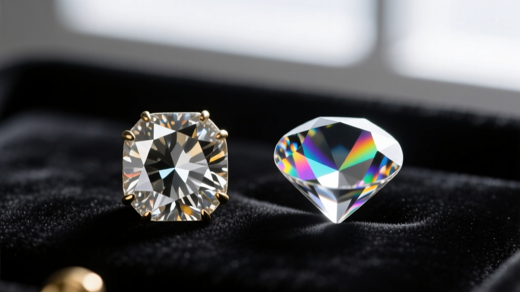 Macro view of vintage foil-back AB rhinestone and modern vapor-coated AB crystal examined under a jeweler's loupe.