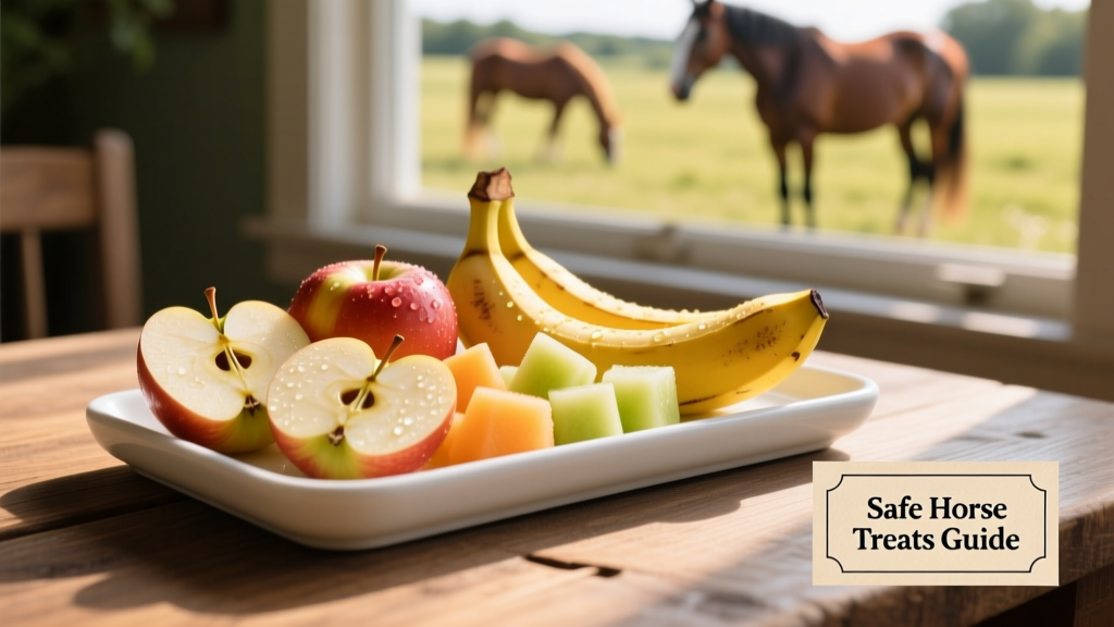 Assorted fresh fruits—banana, apple slices, melon cubes—arranged on a clean feed tray