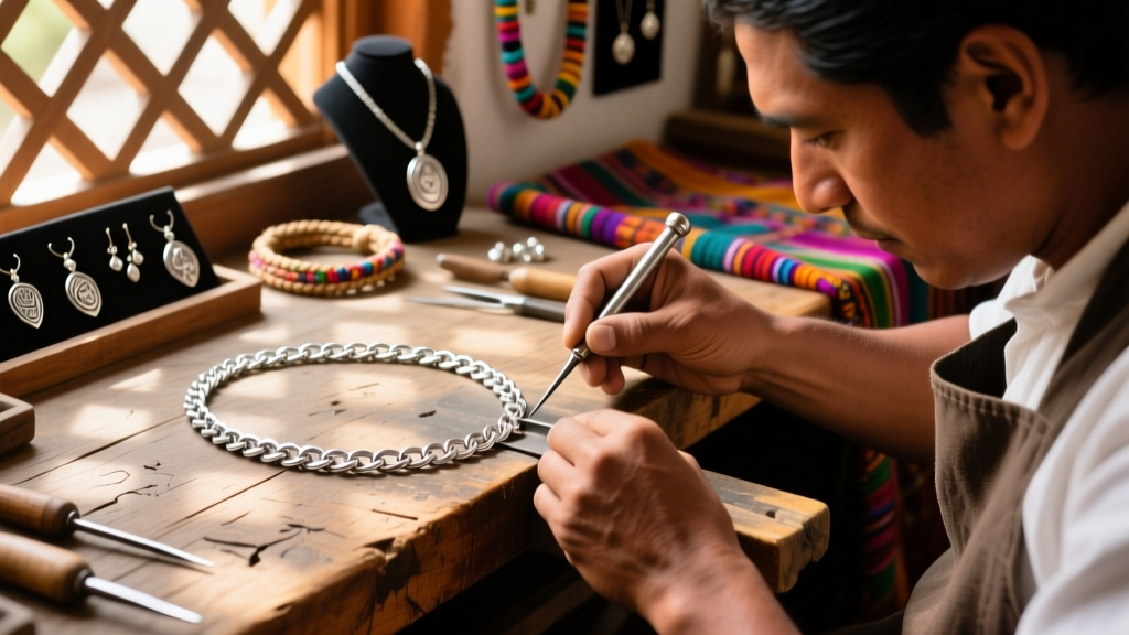 Close-up of a jeweler repairing a delicate sterling silver chain necklace on a wooden workbench in a brightly lit Mexican shop.