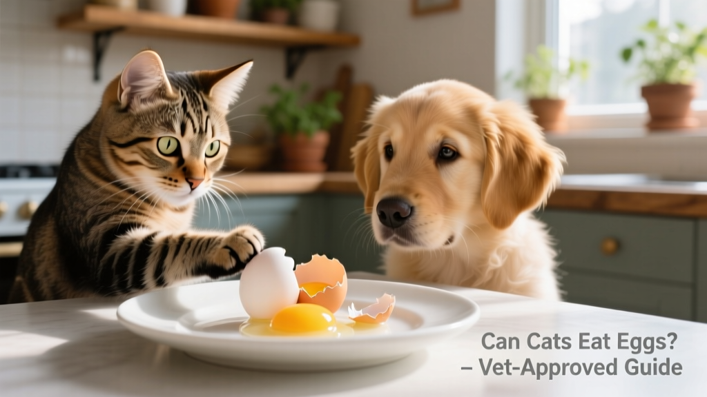 A curious cat and dog looking at a whole egg on a plate, with the cat gently pawing at it