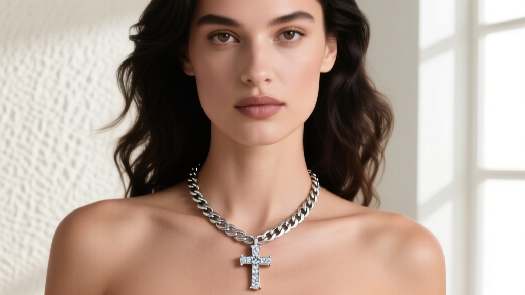 Model wearing a 5mm Miami Cuban link chain paired with a medium diamond iced out cross necklace, photographed from collarbone up