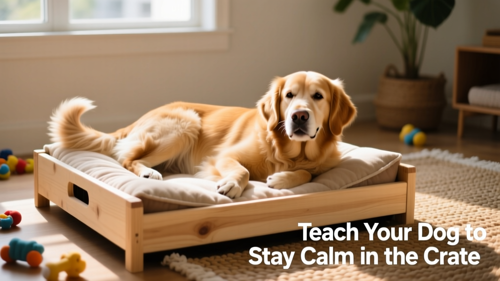 Happy dog lying contentedly on a cushioned crate bed, tail relaxed, eyes soft
