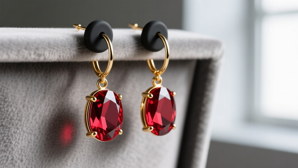 Red gemstone dangle earrings with silicone stoppers, showing soldered gold jump rings against a soft neutral gray velvet backdrop.
