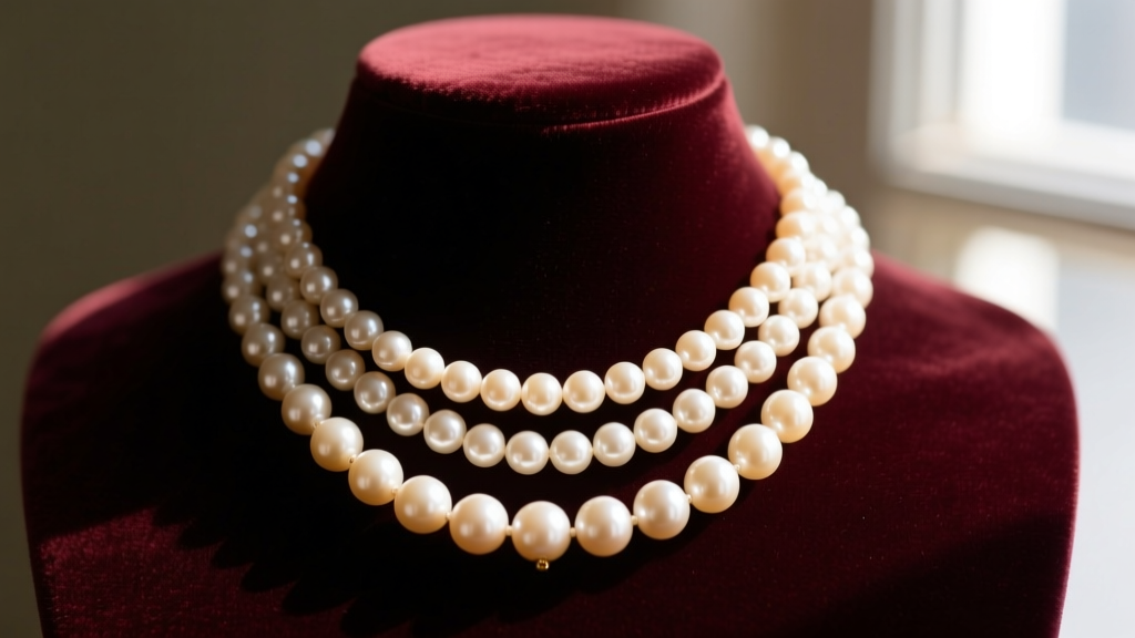 Elegant three-strand vintage pearl collar necklace on a dark velvet bust, showcasing warm cream hues and high luster.