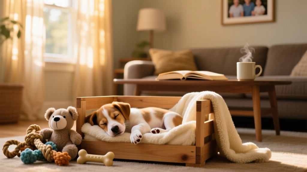 A cozy, softly lit living room with a puppy sleeping peacefully in a crate lined with a blanket, next to a small pile of toys