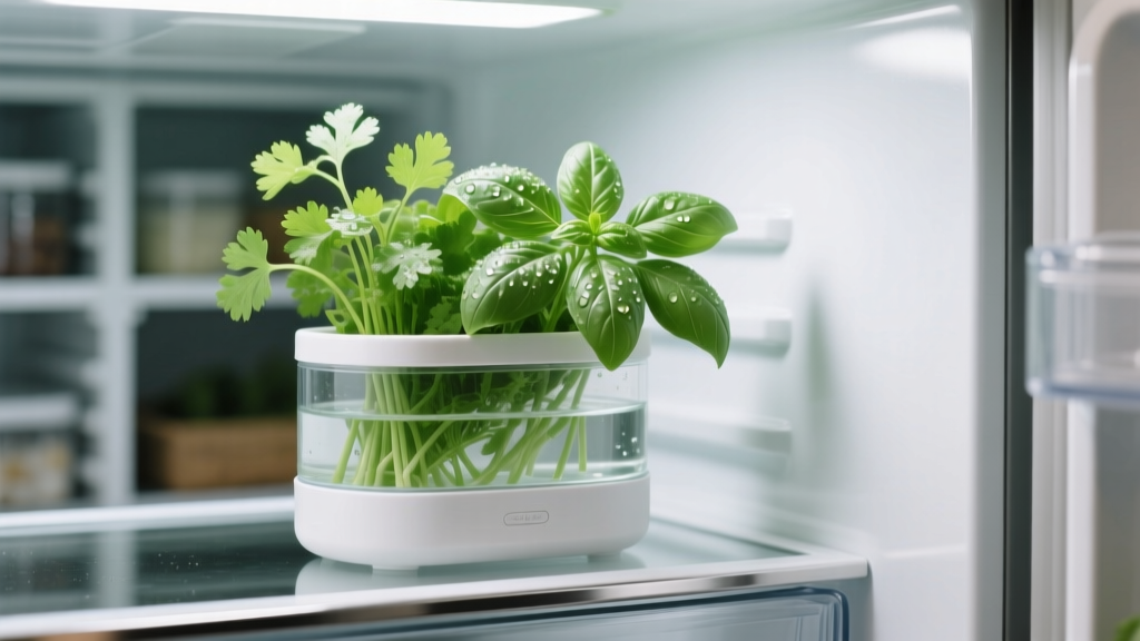 Close-up of an herb keeper gadget in a fridge, preserving fresh cilantro and basil using a built-in water reservoir.