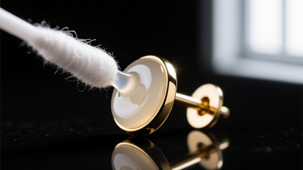 Cotton swab applying clear polyurethane jewelry sealant to the post of a cheap gold-plated zinc alloy stud earring on a dark mat