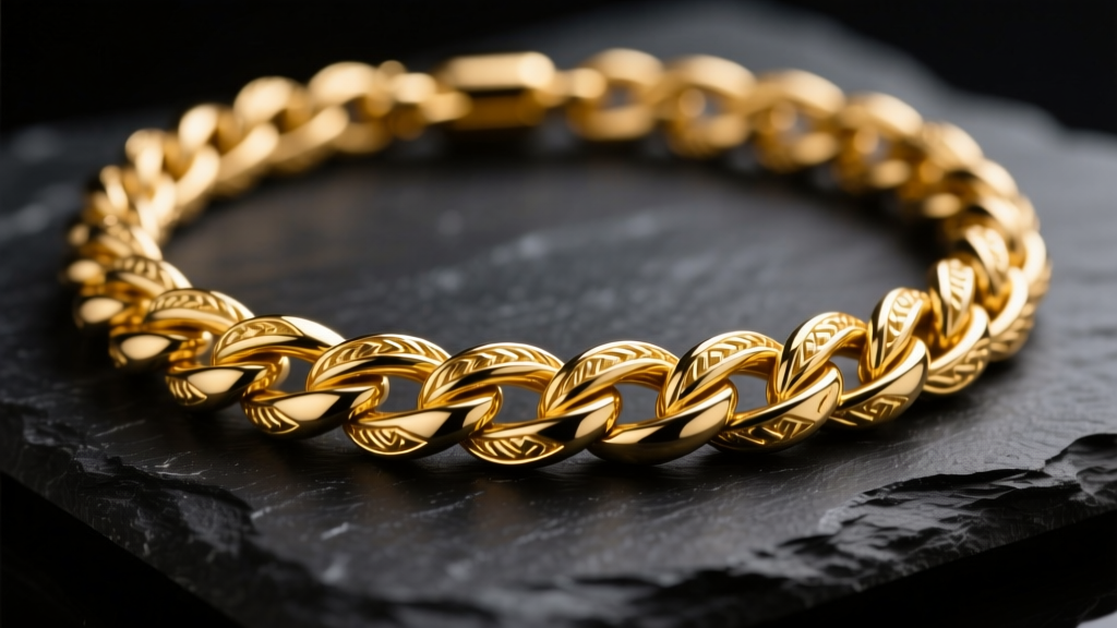 Macro shot of an 18k yellow gold rope necklace chain on dark slate, lit by soft studio light to reveal intricate link details.