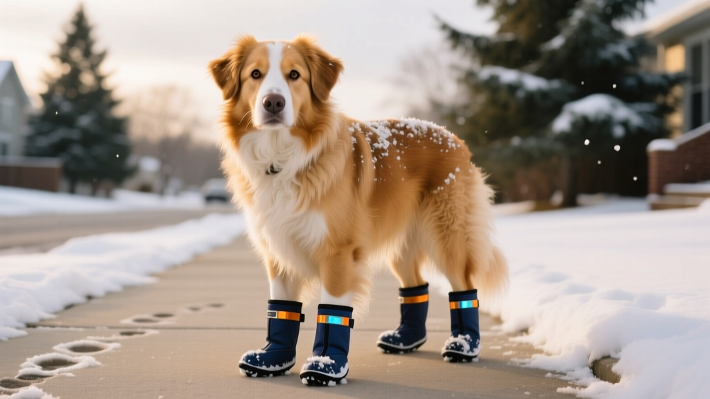 A dog wearing well-fitted, waterproof winter booties on snowy pavement