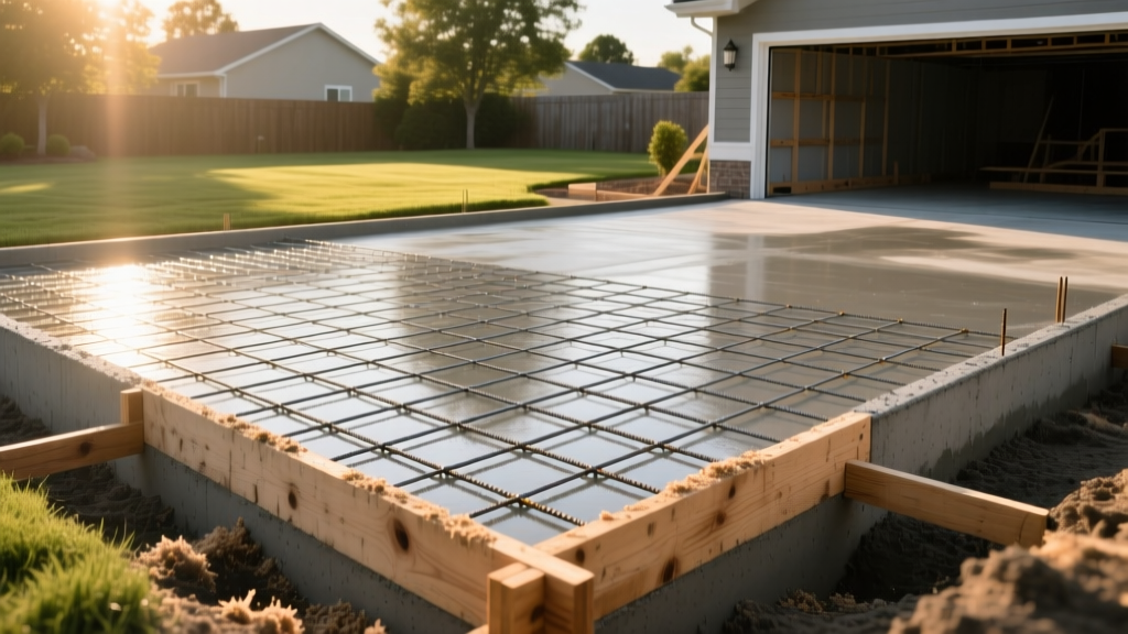 Freshly poured concrete monolithic slab foundation for a single car garage with wooden formwork and rebar grid in a suburban backyard