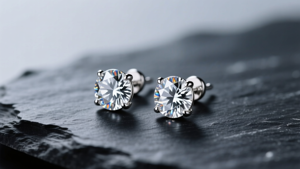 Macro shot of 2mm round brilliant tiny diamond earrings in platinum settings resting on dark slate under soft studio lighting