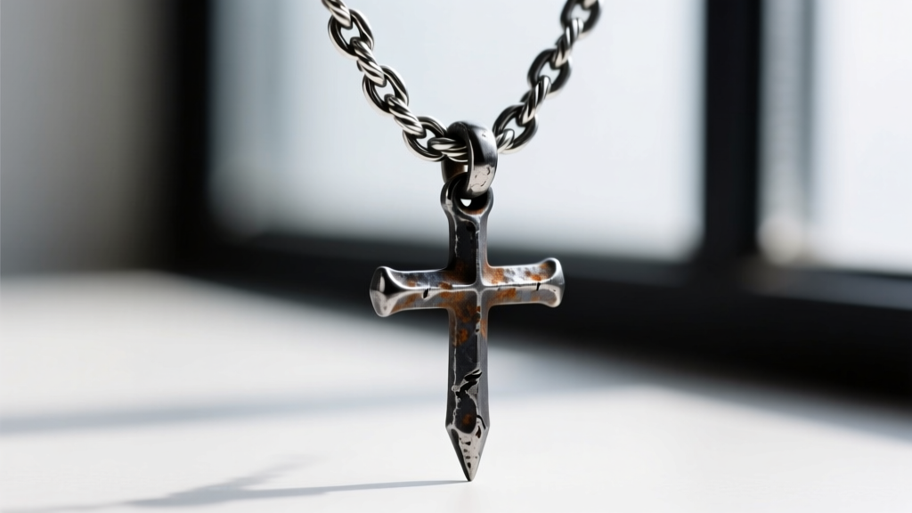 Macro shot of a 3mm oxidized sterling silver rope chain threading through an iron nail cross pendant bail, sharp focus on links.