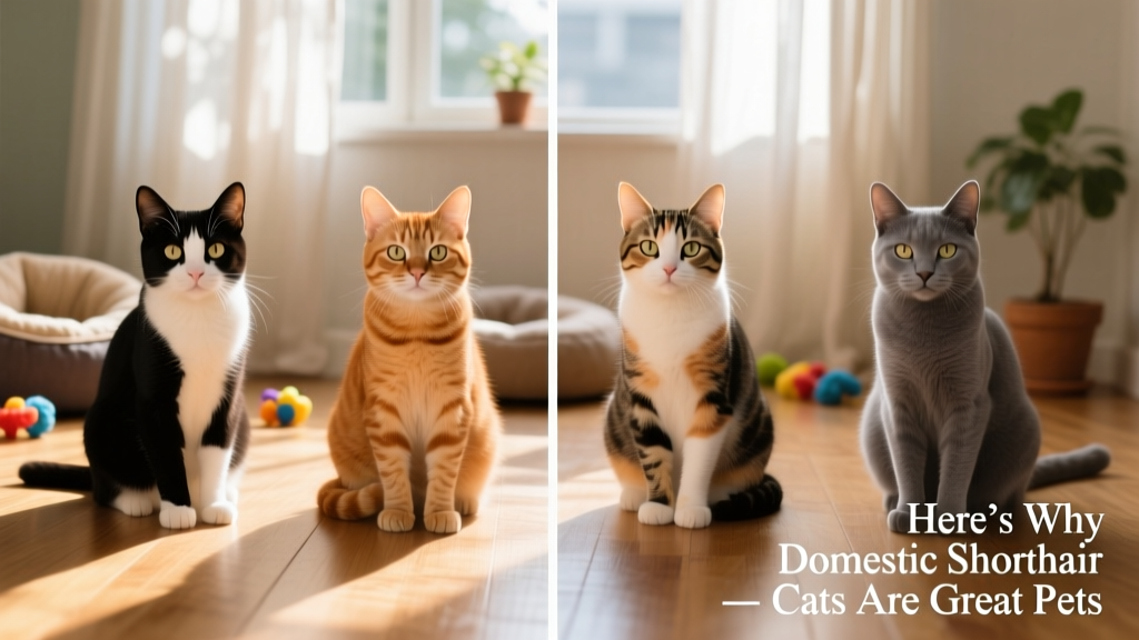 Side-by-side collage showing several domestic shorthair cats in different colors and patterns: tuxedo, ginger tabby, calico, and solid gray