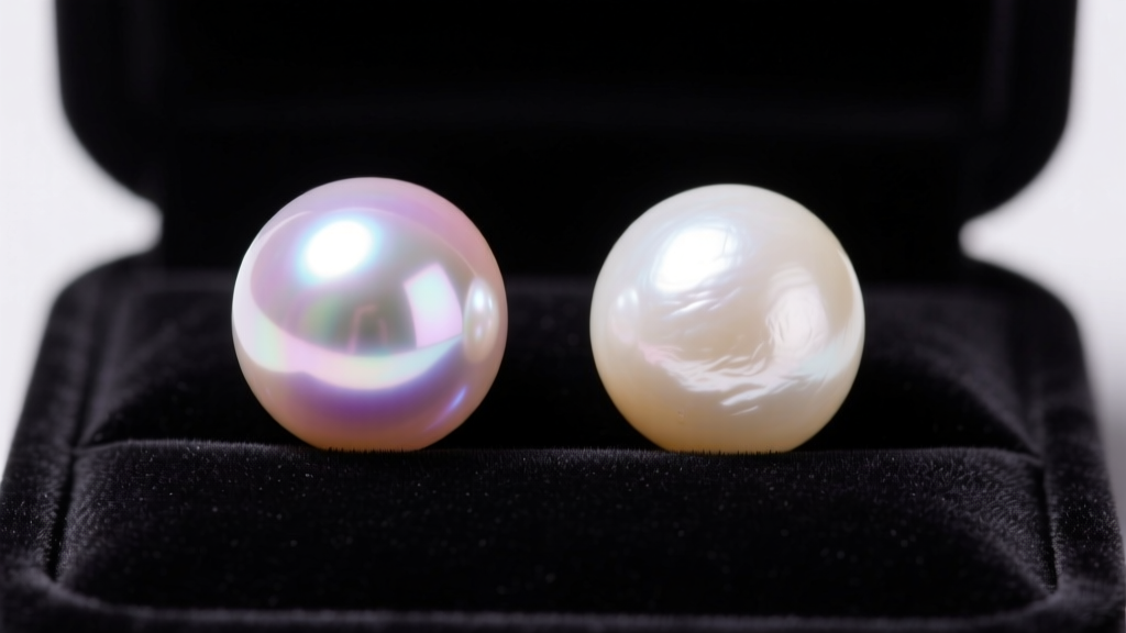 Macro view comparing two freshwater pearls, one with sharp mirror luster and one chalky, resting on a dark velvet jewelry tray.