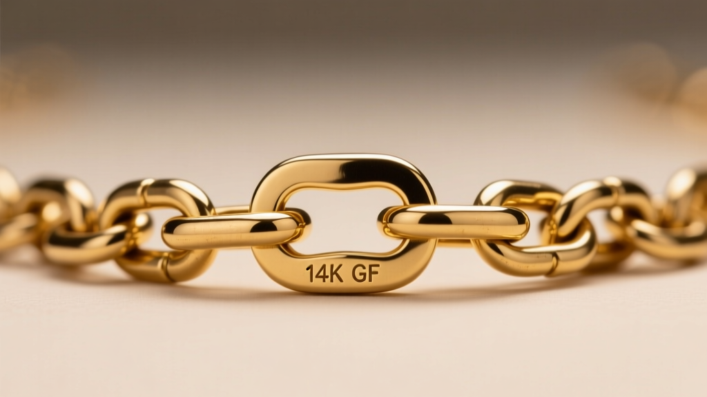 Macro shot of a recycled brass necklace chain with 14k gold plating, showing the seamless clasp and hallmark stamp in soft light
