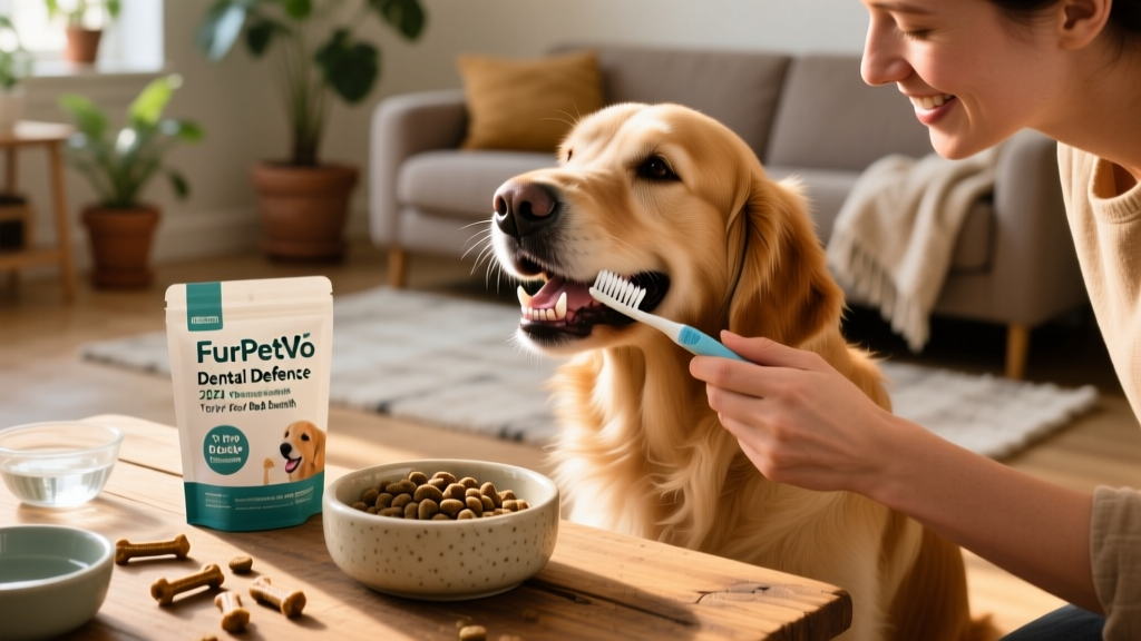 Dog owner brushing their dog's teeth alongside a bowl of FurPetVo Dental Defense kibble