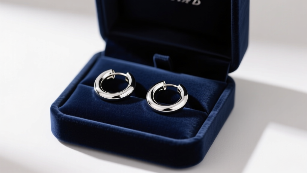 Open velvet box with polished 925 silver huggie earrings under warm light, emphasizing the bright and reflective metal surface.
