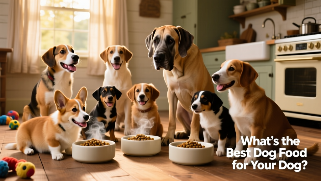 A diverse group of healthy dogs of different breeds and ages eating from clean bowls