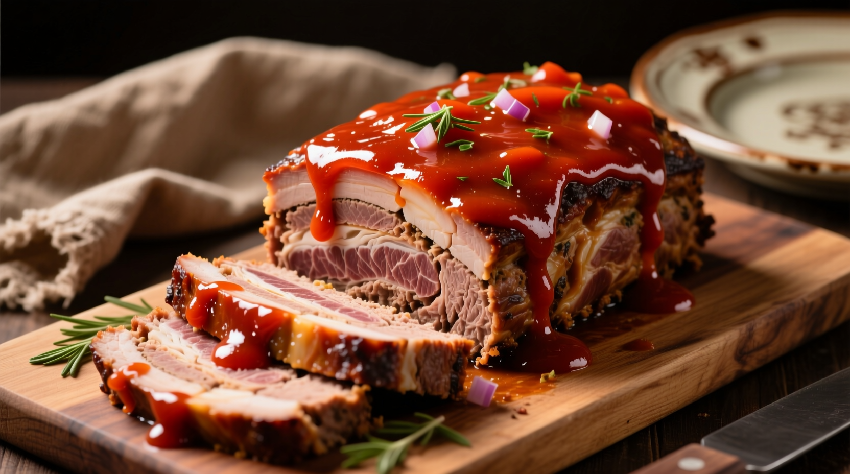 Sliced meatloaf with glossy tomato sauce topping