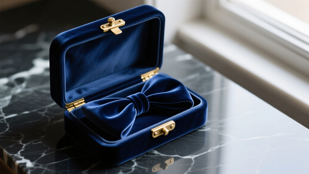 Top-down view of an open sculptural velvet bow jewelry box revealing anti-tarnish flannel lining and brass hinges on dark marble