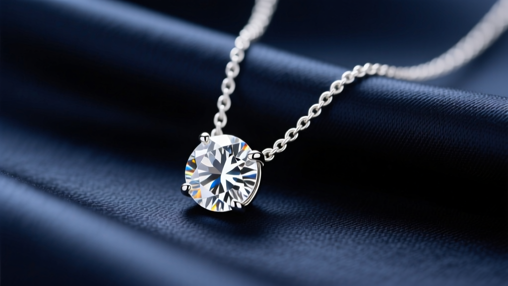 Macro shot of a 0.75-carat round diamond solitaire pendant on an 18-inch white gold cable chain resting on dark navy silk.