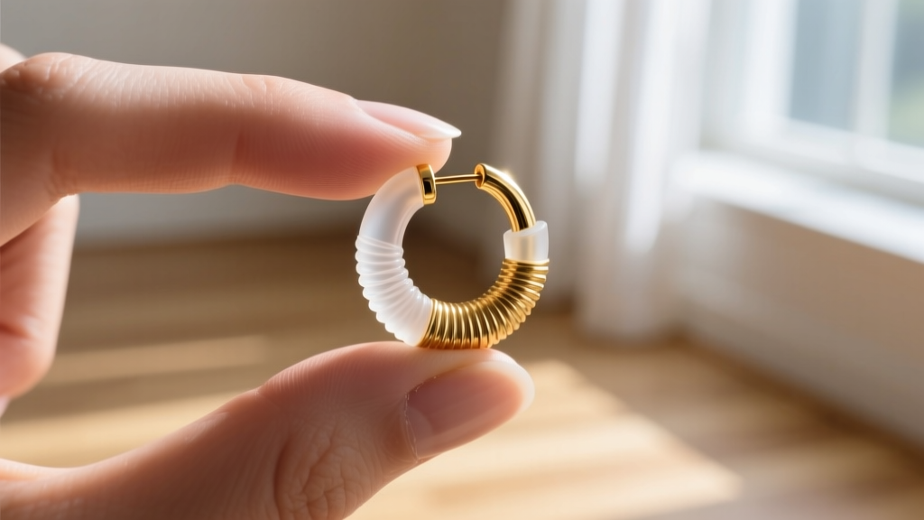 Macro close-up of fingers adjusting a clear silicone earring back onto an 18-gauge solid gold hoop, soft natural window lighting.