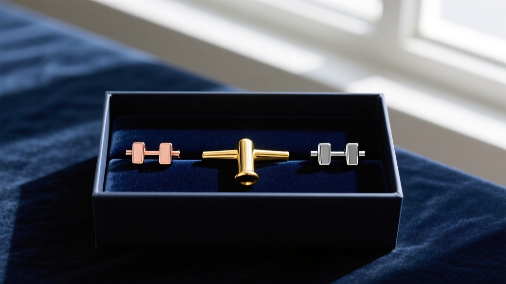 Flat lay gift box with a 20-gauge gold nose bone and three 16-gauge ear cartilage clickers on dark velvet under soft lighting.