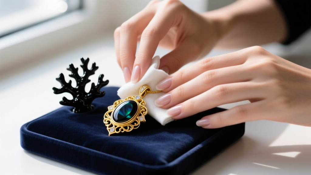 Hands gently wiping a black coral and gold pendant with a damp microfiber cloth over a soft velvet jewelry pad