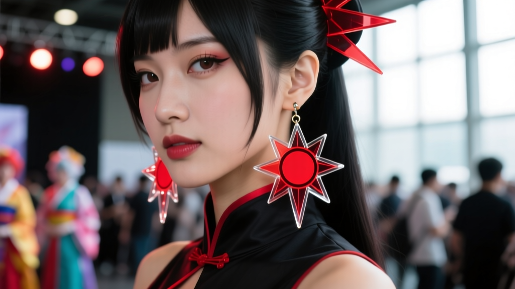 Cosplayer wearing stylized acrylic Hanafuda drop earrings with a red sun motif against a blurred convention background