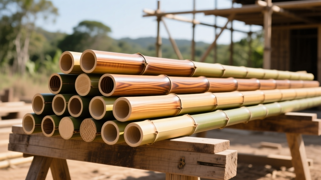 Stack of heat-treated Guadua bamboo rods in varying diameters resting on sawhorses at a sustainable construction site under clear skies