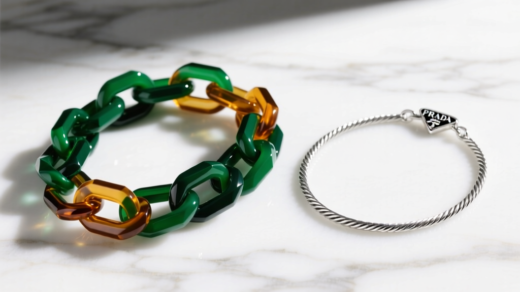 Side-by-side view of a chunky Prada resin chain and a delicate 925 sterling silver cable chain resting on a white marble surface.