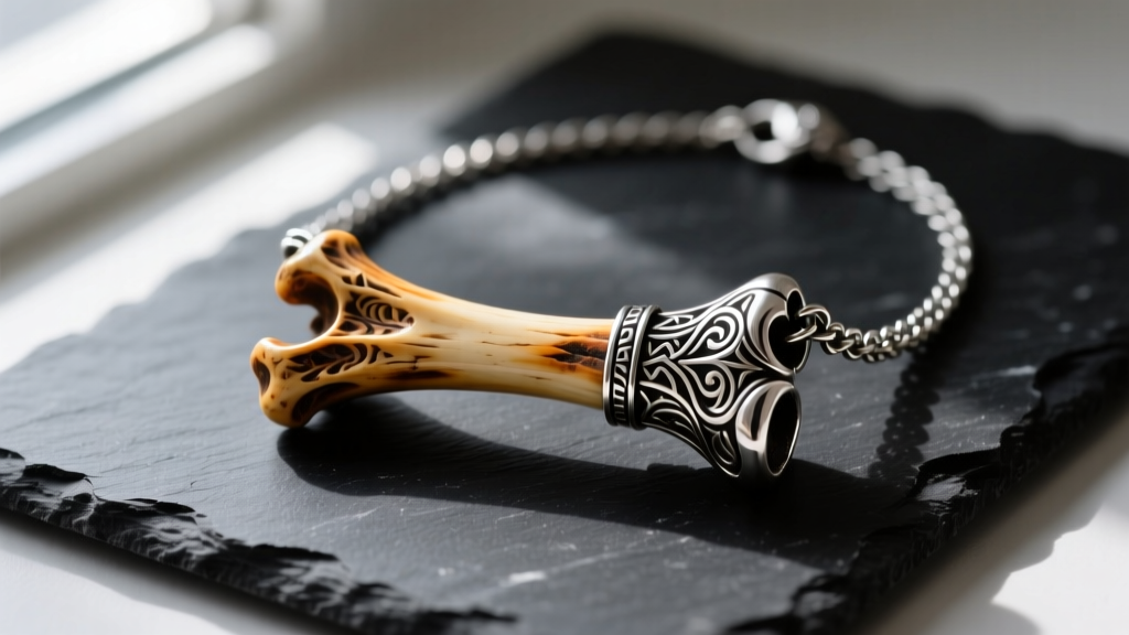 Close-up of a custom carved bone and oxidized sterling silver OSRS Bonecrusher necklace replica resting on a dark slate surface