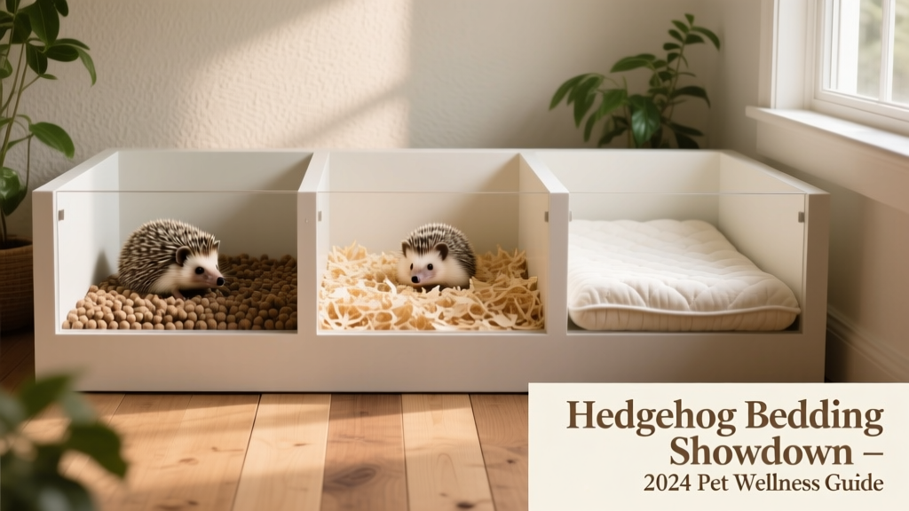 Side-by-side comparison of three safe bedding types: paper pellets, aspen shavings, and ultra-soft paper bedding in separate sections of a clean hedgehog habitat