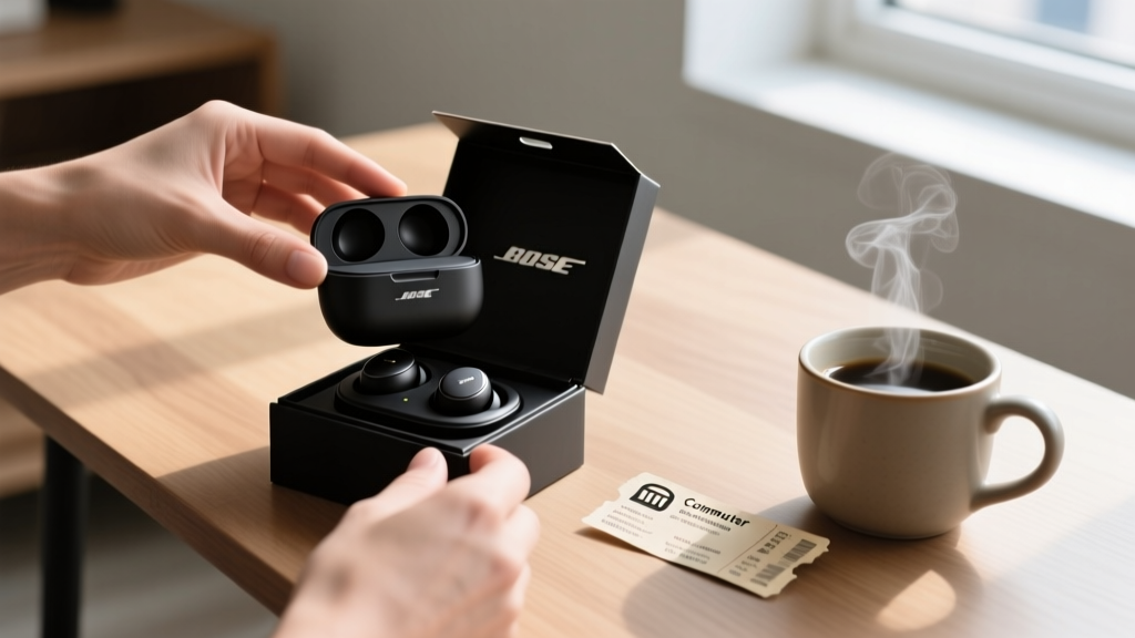 Hands unboxing a matte black Bose QuietComfort Ultra Earbuds charging case on a modern wooden desk next to a commuter train ticket and coffee