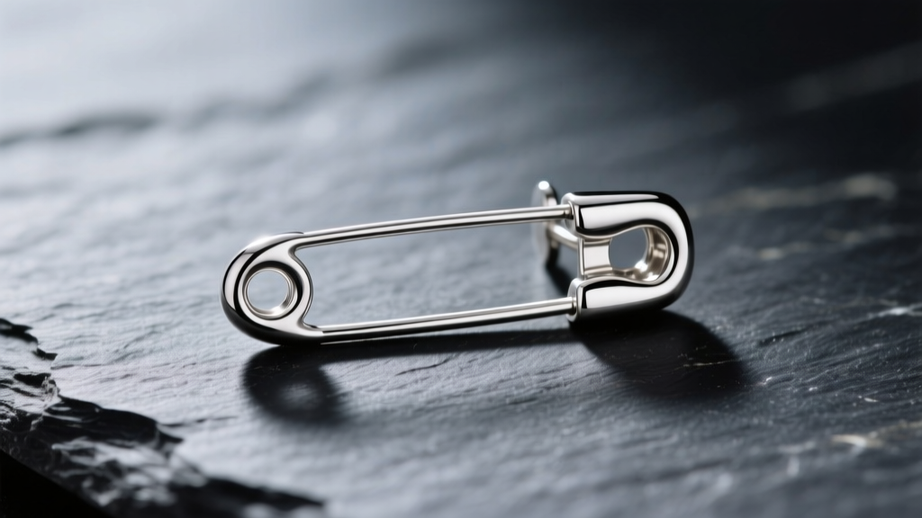 Close-up of a polished 925 sterling silver safety pin earring on dark slate, highlighting the clasp mechanism and subtle shine