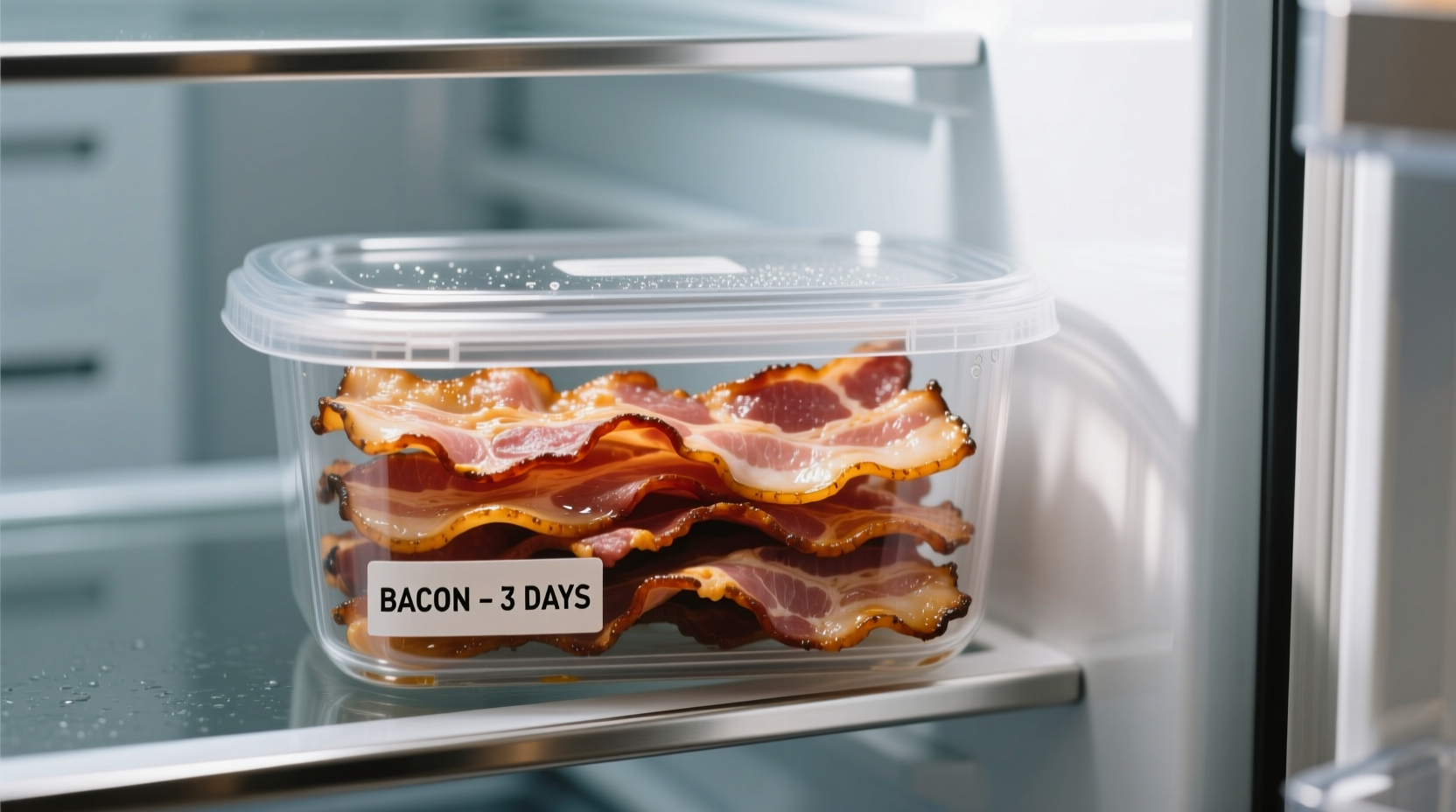 Cooked bacon stored in airtight container in refrigerator