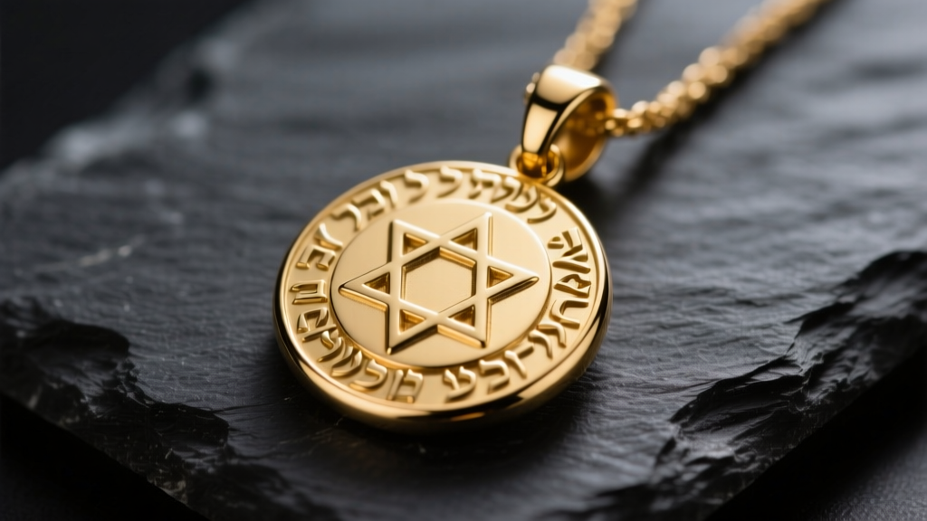 Close-up of a polished 14k gold Jewish jewelry Chai pendant on dark slate, soft lighting highlighting Hebrew engravings.