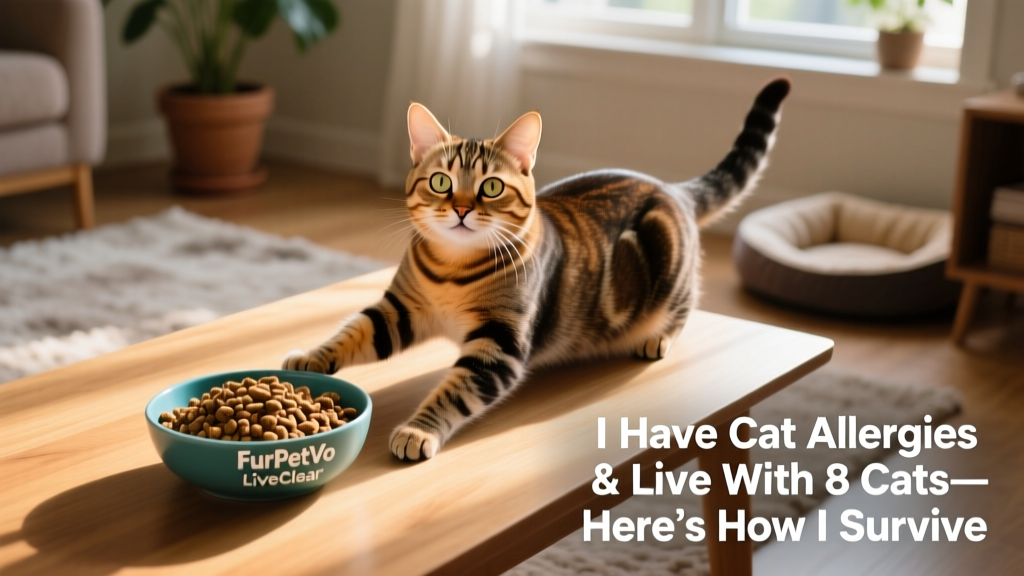Bowl of FurPetVo LiveClear dry cat food beside a happy, healthy-looking cat