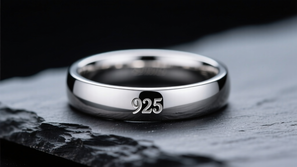 Close-up macro shot of a sterling silver ring band stamped with a crisp 925 hallmark, resting on dark slate, soft studio lighting.