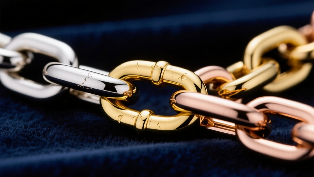 Macro shot of chain links in 14k white, 18k yellow, and 14k rose gold showing distinct colors under studio lighting on dark velvet