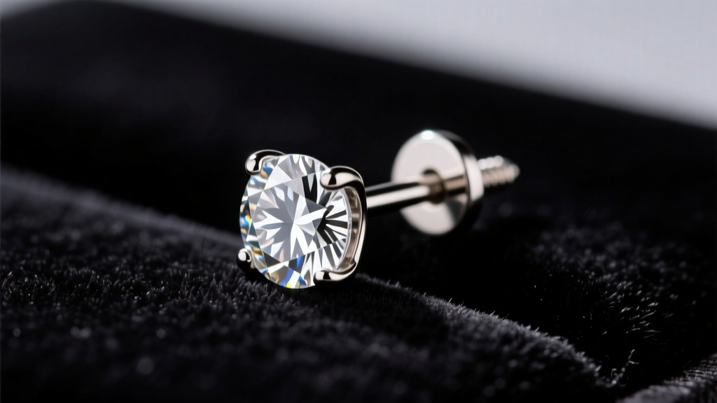 Close-up of a 4mm diamond stud earring with a titanium screw-back post on dark velvet under soft, directional studio lighting.