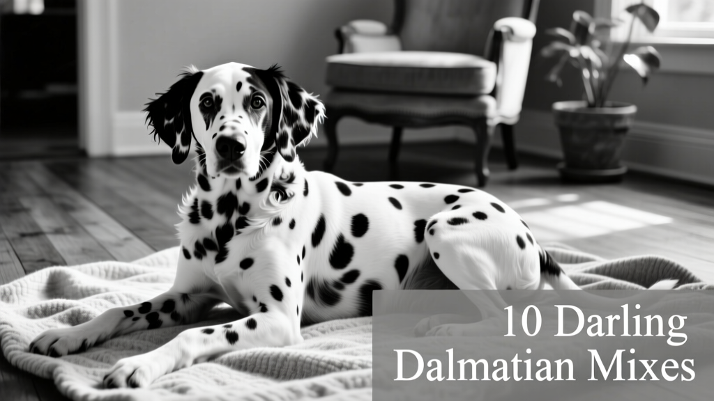 Black and white Dalmadoodle (Dalmatian Poodle mix) with spots and wavy fur laying on a blanket