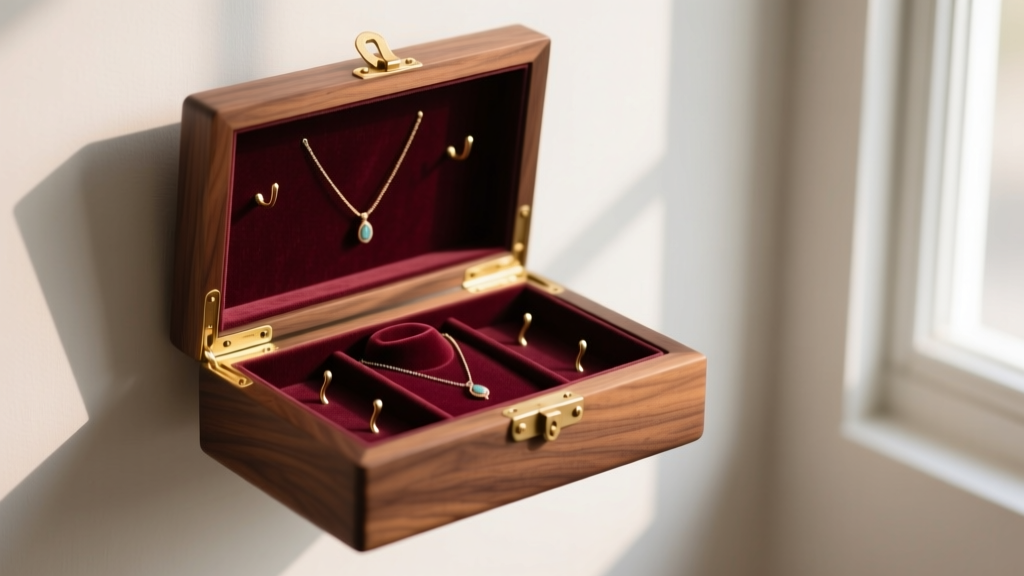 Close-up of a wall mounted jewelry box crafted from solid walnut with brass hinges, opened to reveal velvet-lined necklace hooks.